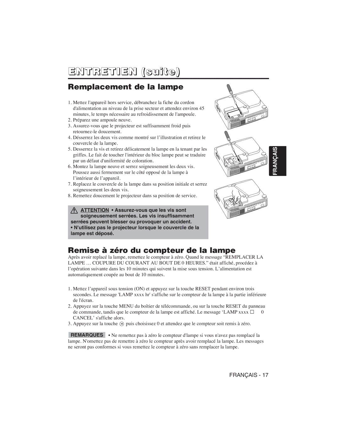 Hitachi CP-S225W user manual Entretien suite, Remplacement de la lampe, Remise à zéro du compteur de la lampe 