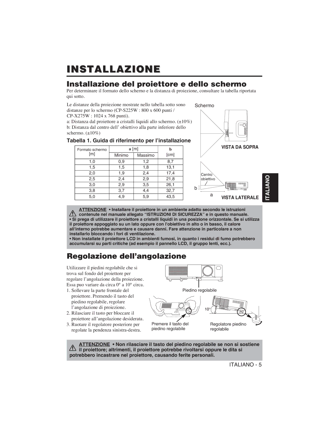 Hitachi CP-S225W user manual Installazione del proiettore e dello schermo, Regolazione dell’angolazione 