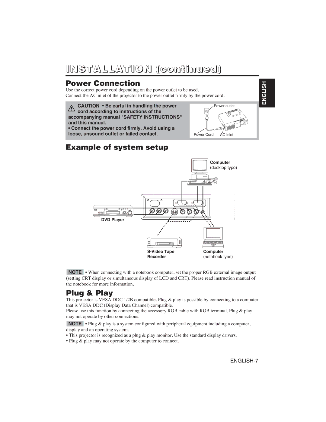 Hitachi CP-S225W user manual Power Connection, Example of system setup, Plug & Play 