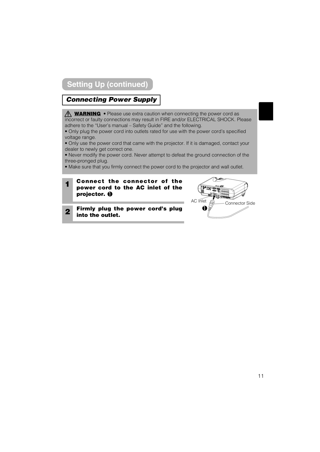 Hitachi CP-S235 user manual Connecting Power Supply, Firmly plug the power cord’s plug Into the outlet 