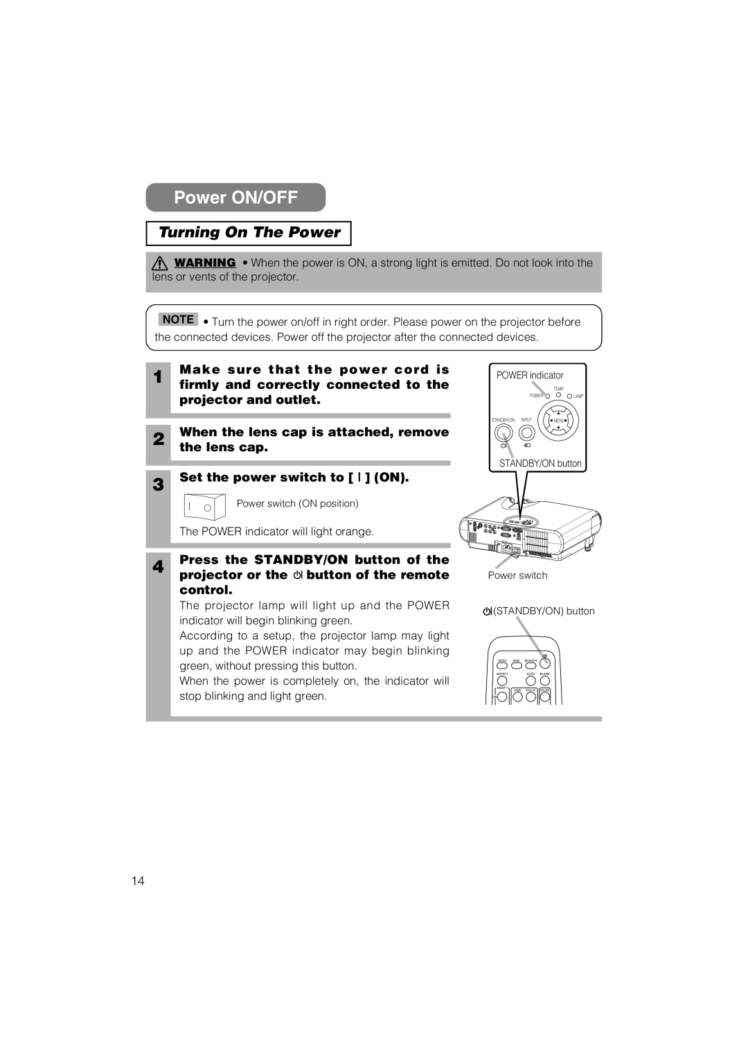 Hitachi CP-S235 user manual Power ON/OFF, Turning On The Power, When the lens cap is attached, remove, Lens cap 