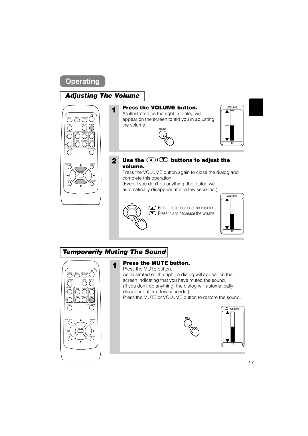 Hitachi CP-S235 user manual Operating, Adjusting The Volume, Temporarily Muting The Sound 