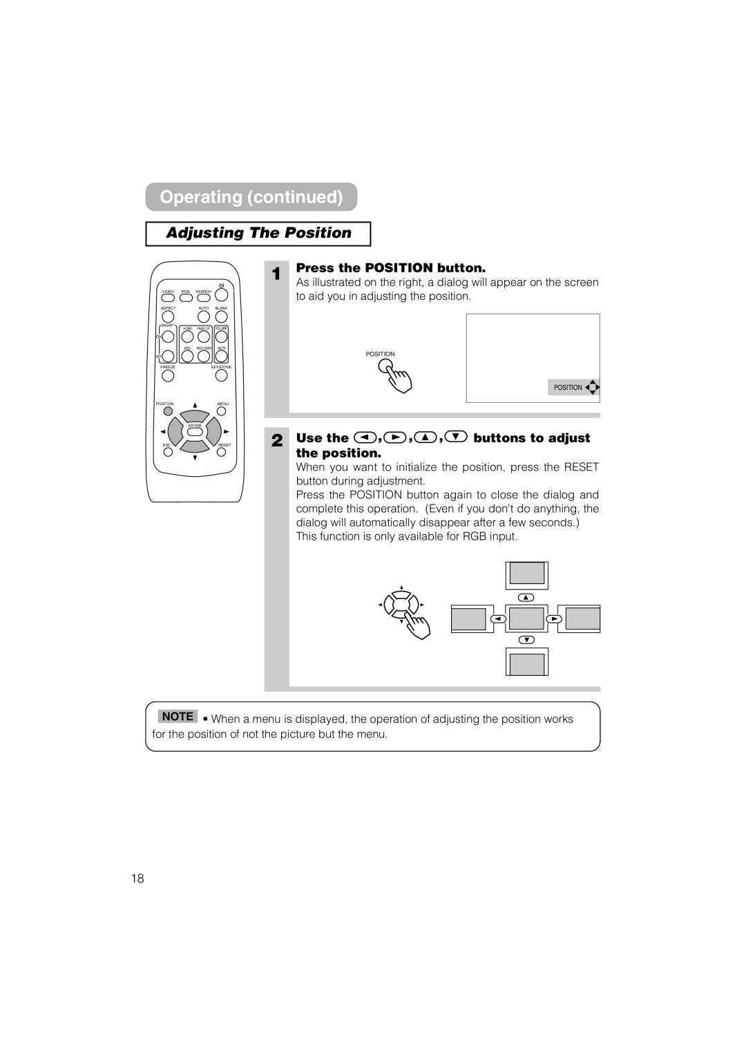 Hitachi CP-S235 user manual Adjusting The Position, Press the Position button, Use Buttons to adjust Position 