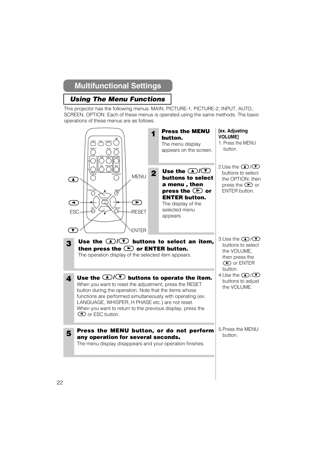 Hitachi CP-S235 user manual Multifunctional Settings, Using The Menu Functions 