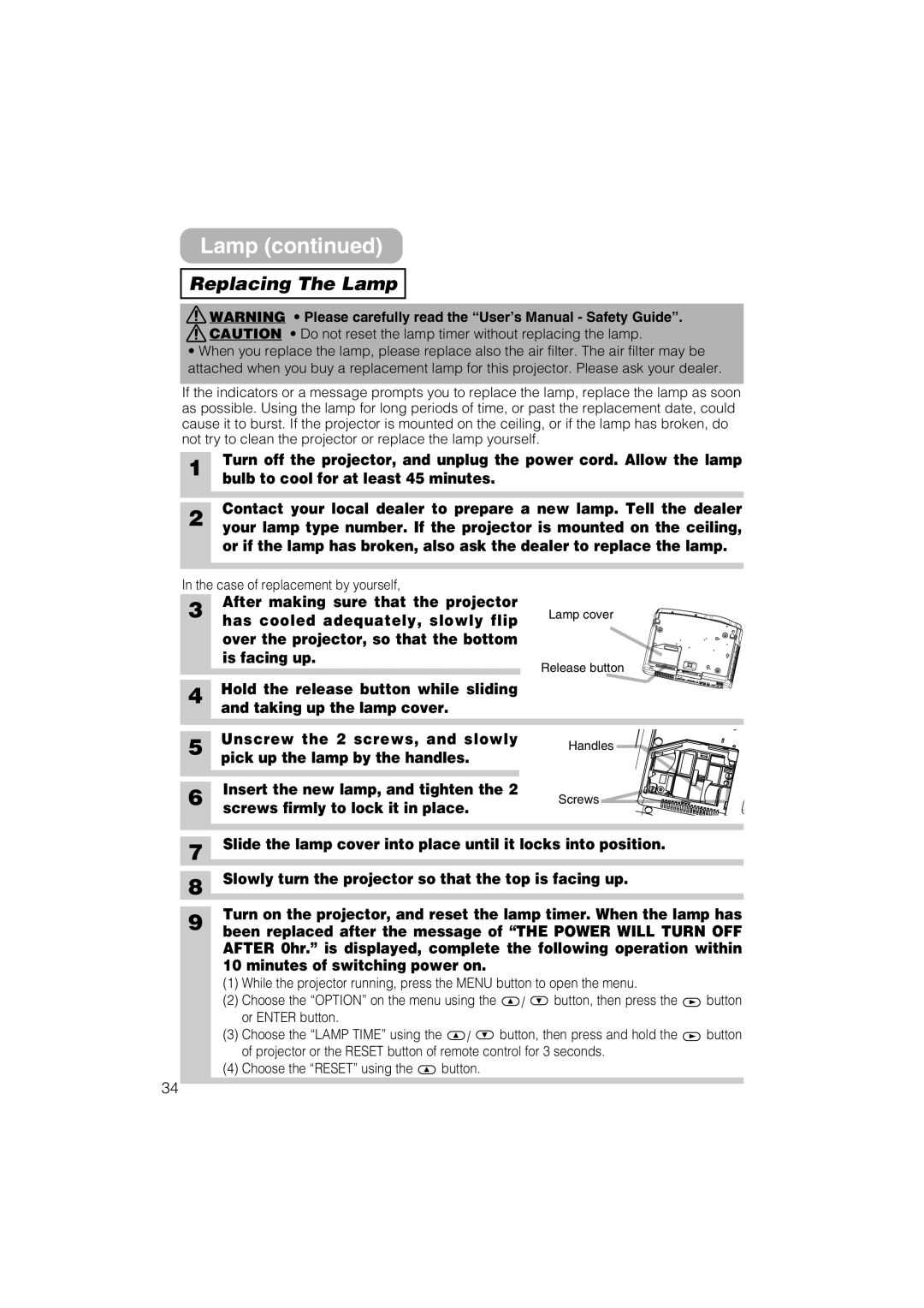 Hitachi CP-S235 user manual Replacing The Lamp 