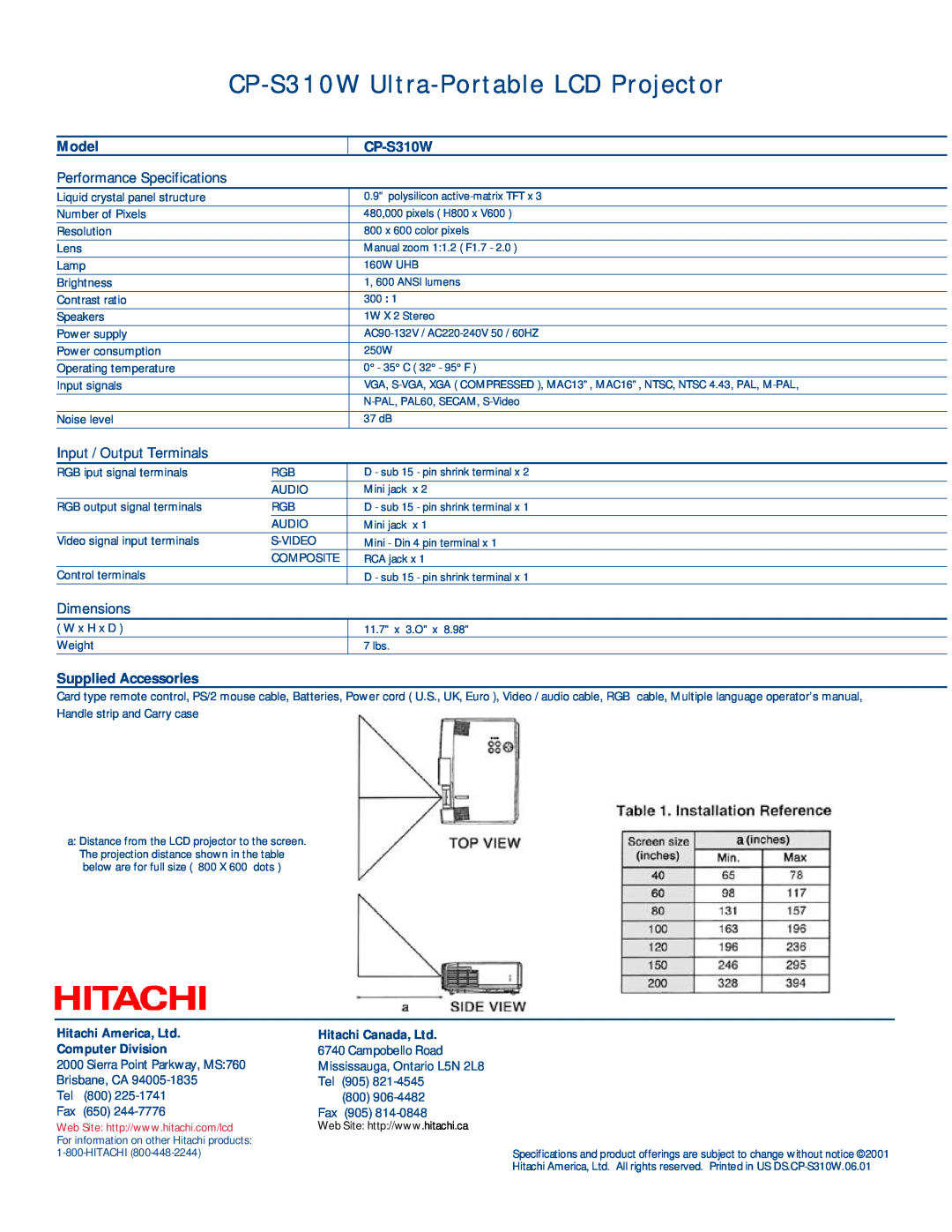 Hitachi CP-S310W Ultra-PortableLCD Projector, Model, Performance Specifications, Input / Output Terminals, Dimensions 