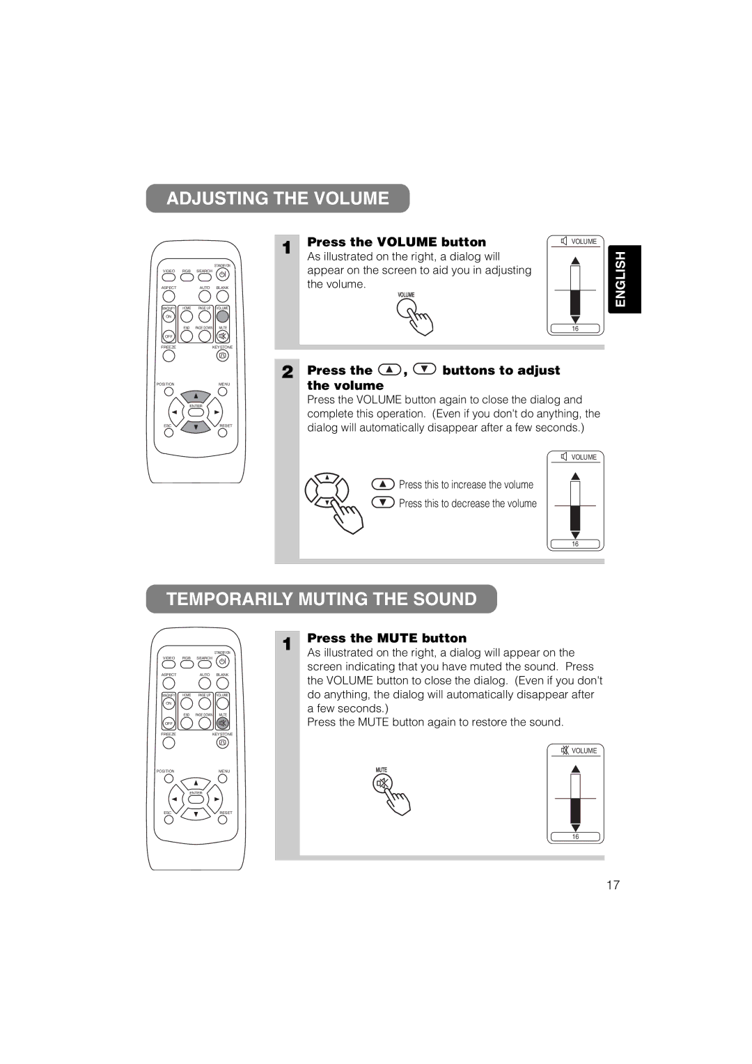 Hitachi CP-X327 Adjusting the Volume, Temporarily Muting the Sound, Press the Volume button, Press the Mute button 