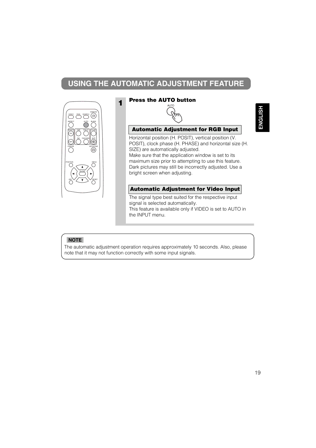 Hitachi CP-S317, CP-X327 Using the Automatic Adjustment Feature, Press the Auto button, Automatic Adjustment for RGB Input 