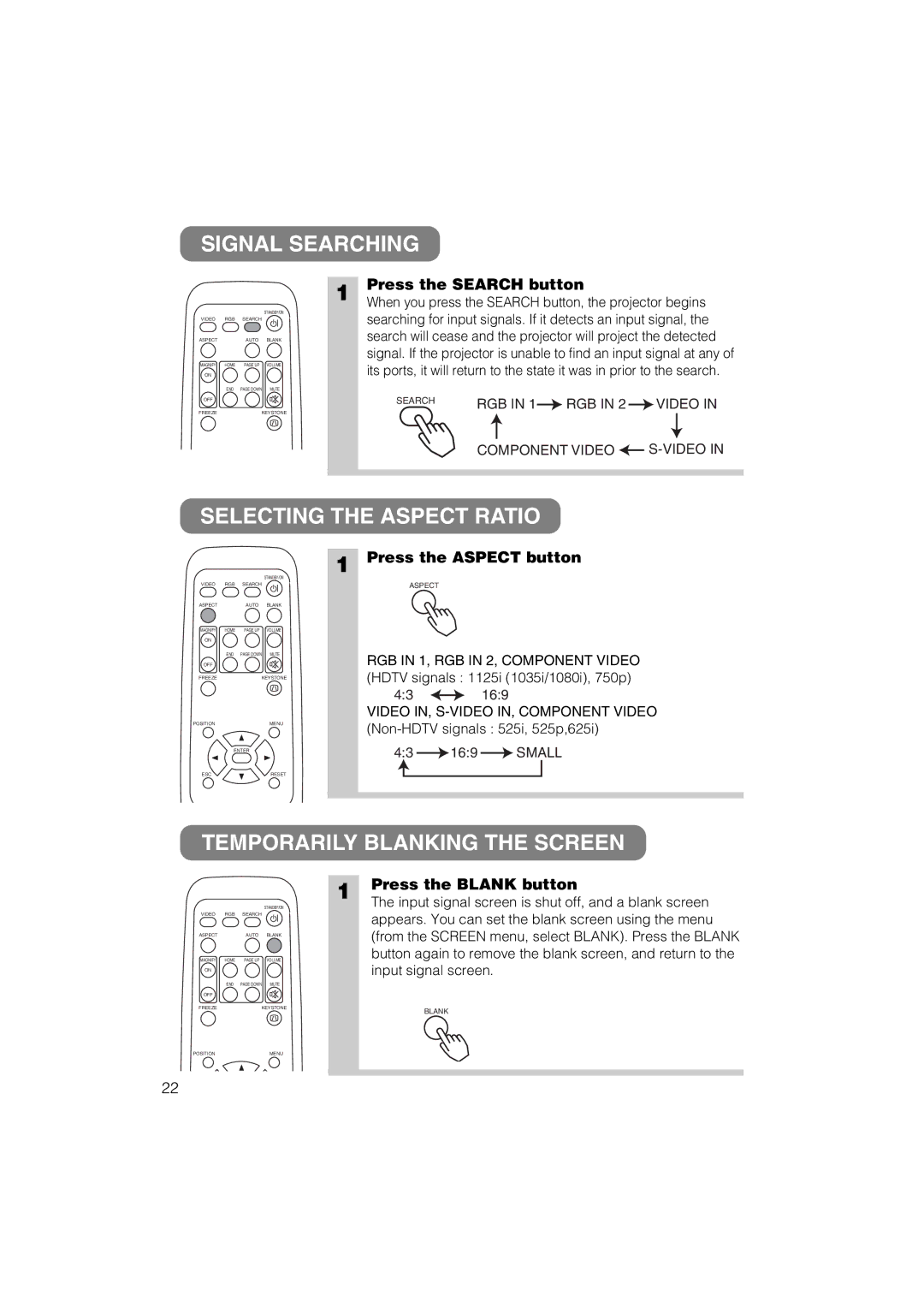 Hitachi CP-S317W, CP-X327W user manual Signal Searching, Selecting the Aspect Ratio, Temporarily Blanking the Screen 