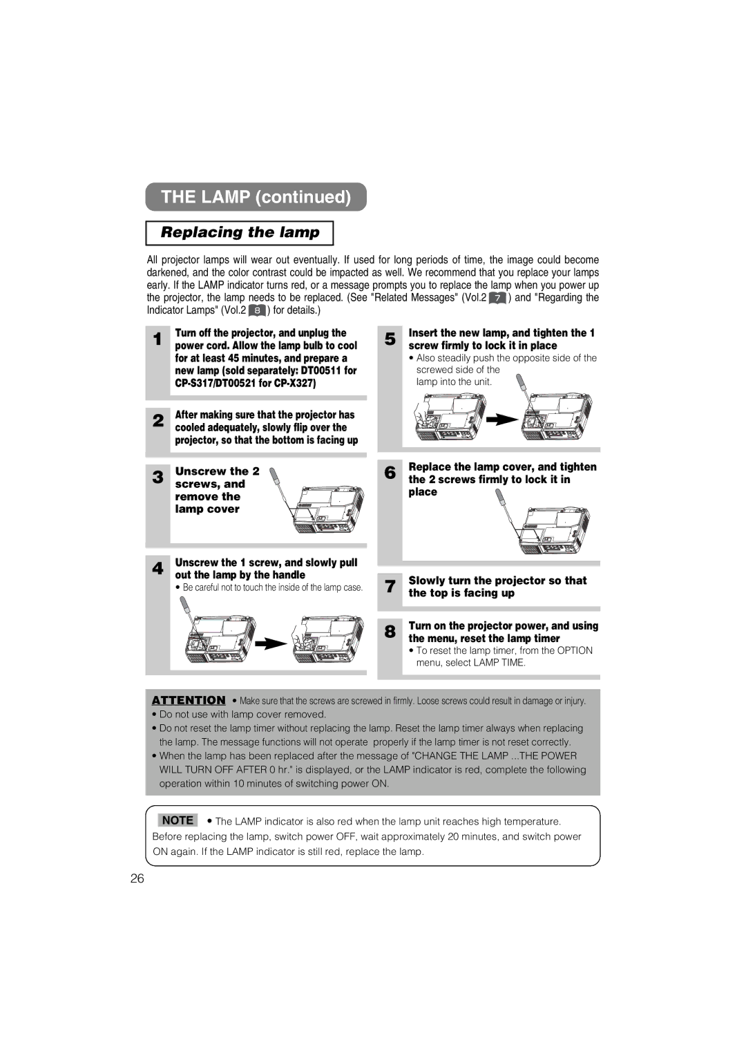 Hitachi CP-S317W, CP-X327W user manual Replacing the lamp 