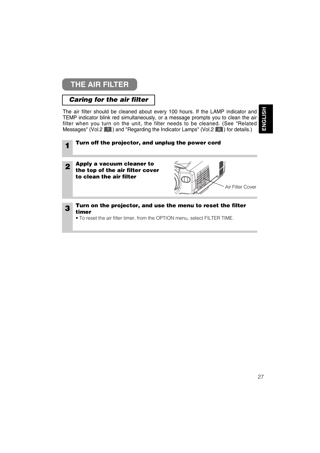 Hitachi CP-X327W, CP-S317W user manual AIR Filter, Caring for the air filter 