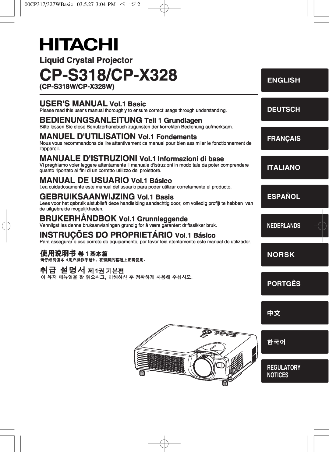 Hitachi cp-s318 user manual CP-S318W/CP-X328W, MANUALE DISTRUZIONI Vol.1 Informazioni di base, CP-S318/CP-X328 