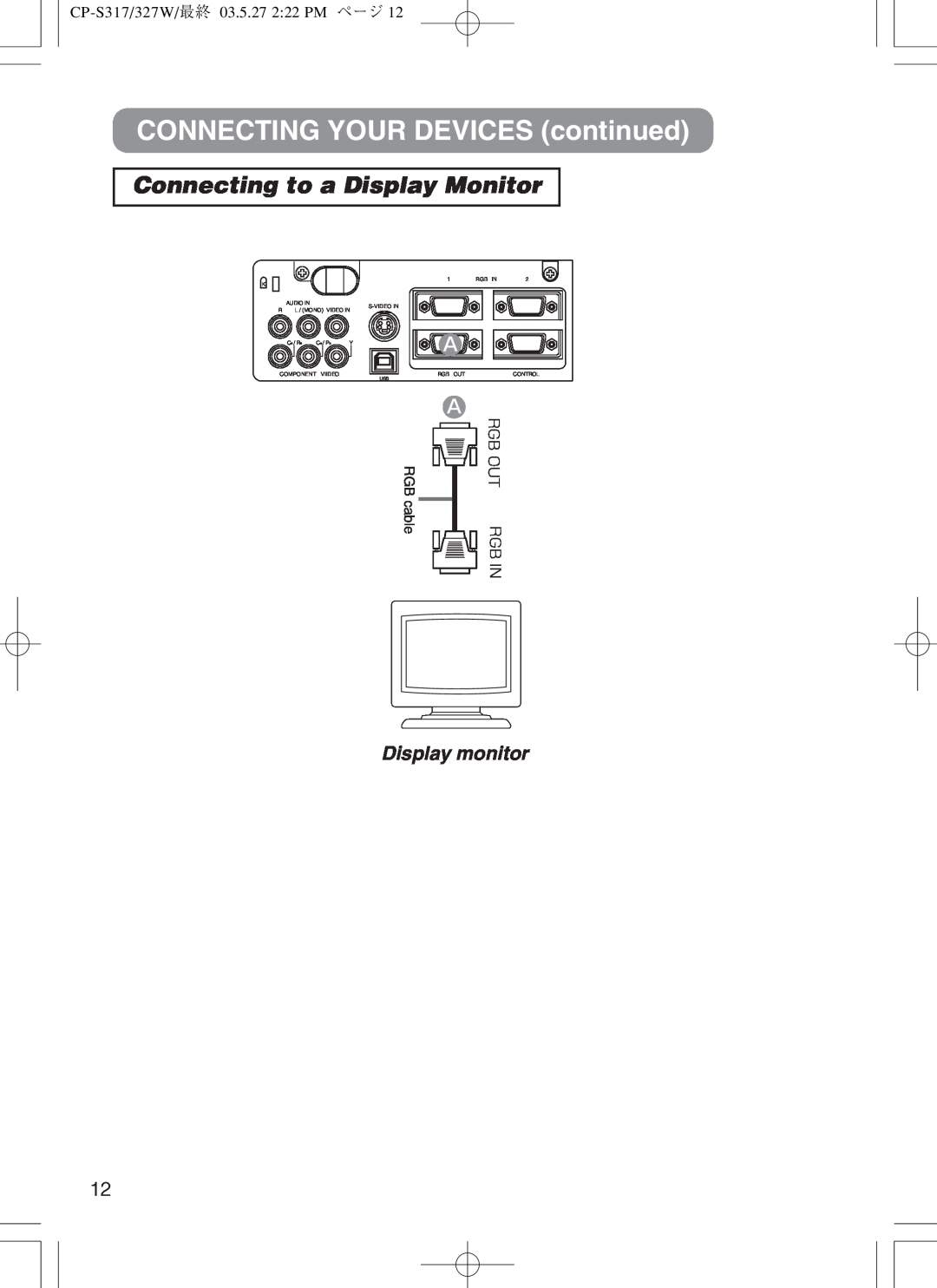 Hitachi cp-s318 Connecting to a Display Monitor, Display monitor, CONNECTING YOUR DEVICES continued, Rgb Out Rgb In 