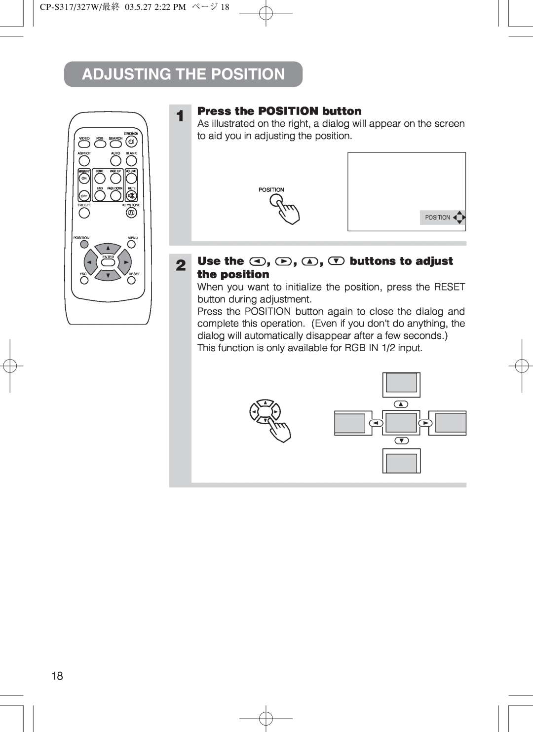 Hitachi cp-s318 user manual Adjusting The Position, Press the POSITION button, Use the, the position, buttons to adjust 