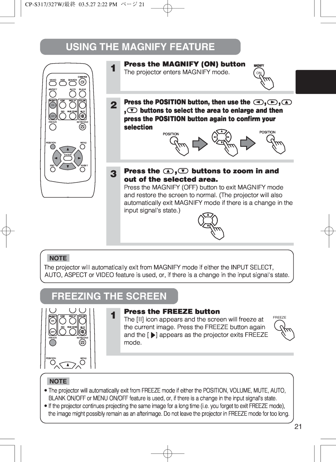 Hitachi cp-s318 user manual Using The Magnify Feature, Freezing The Screen, Press the MAGNIFY ON button, selection 