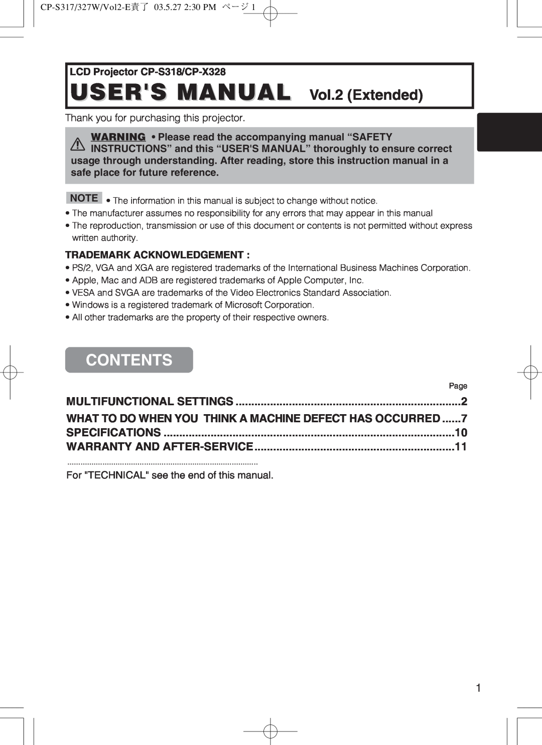Hitachi cp-s318 user manual Contents, CP-S317/327W/Vol2-E責了 03.5.27 230 PM ページ 