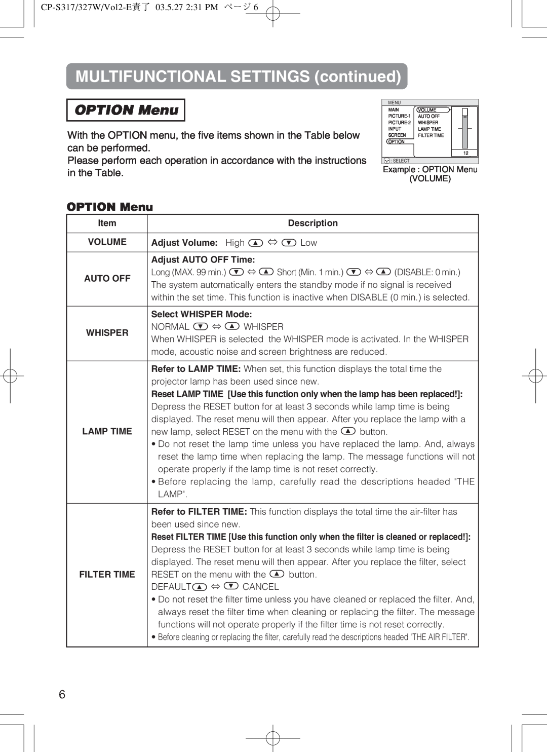 Hitachi cp-s318 user manual OPTION Menu, MULTIFUNCTIONAL SETTINGS continued 