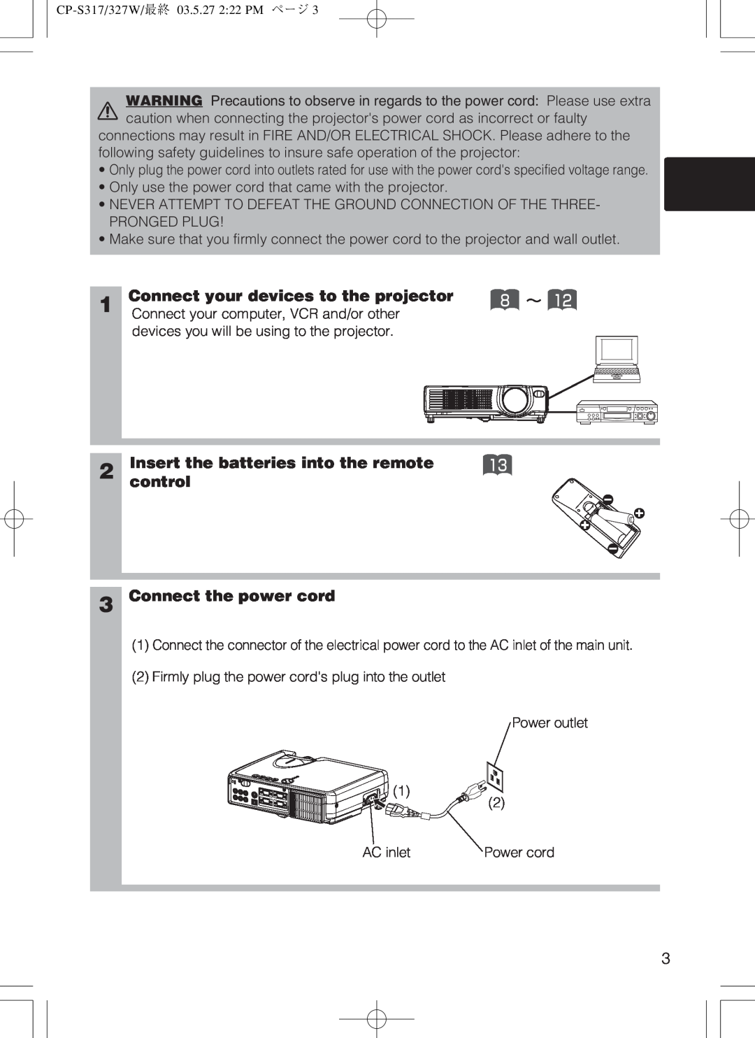 Hitachi cp-s318 user manual Connect your devices to the projector, 8 ～, Insert the batteries into the remote, control 