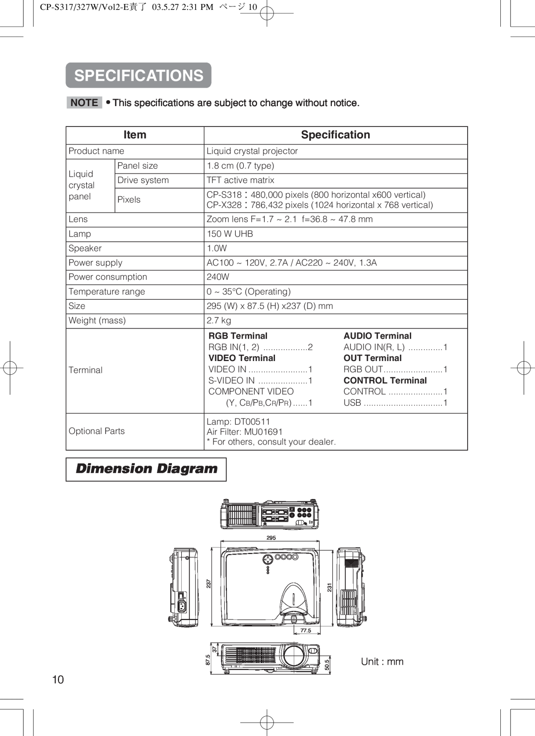 Hitachi cp-s318 user manual Specifications, Dimension Diagram 