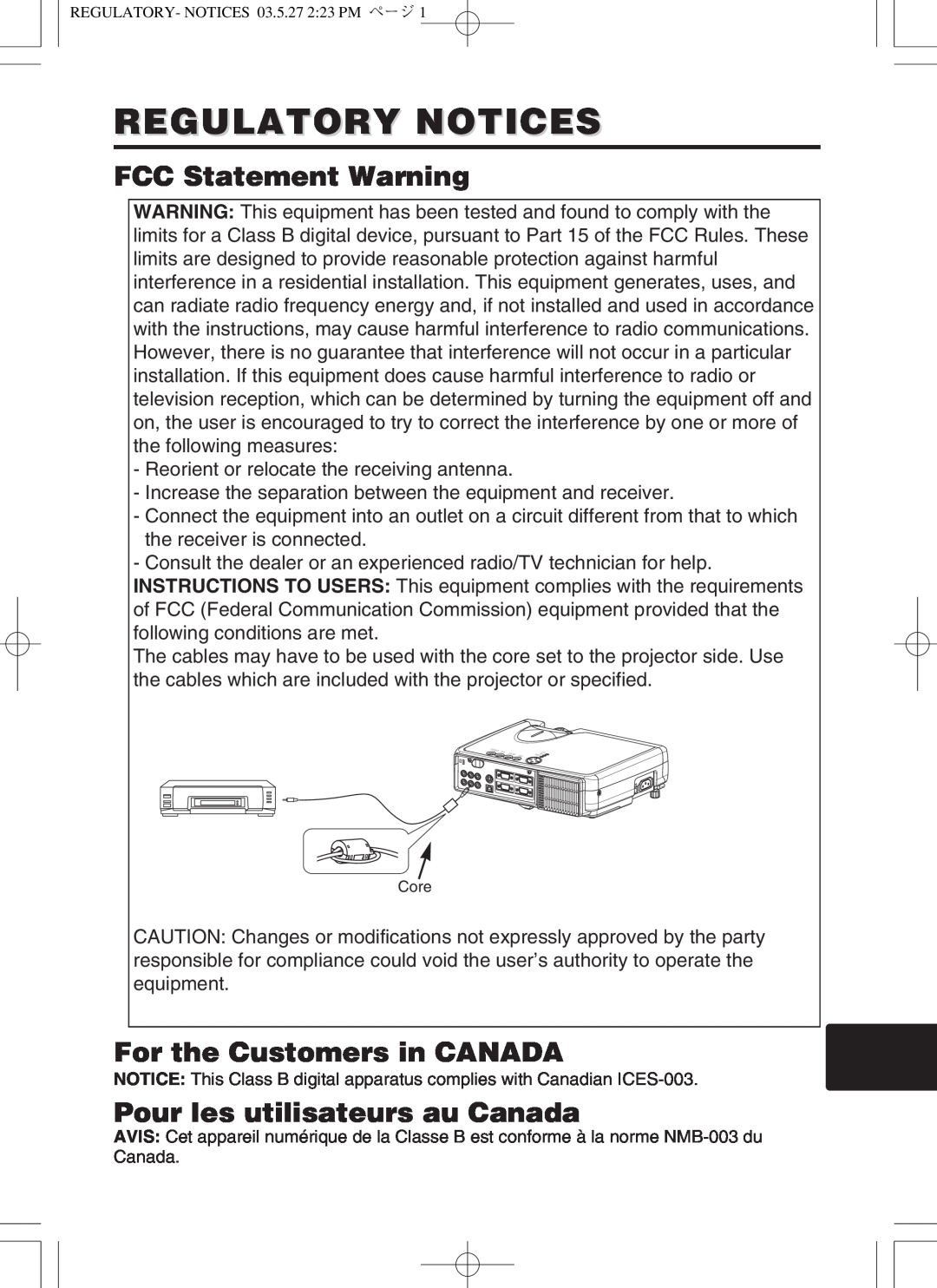 Hitachi cp-s318 Regulatory Notices, FCC Statement Warning, For the Customers in CANADA, Pour les utilisateurs au Canada 