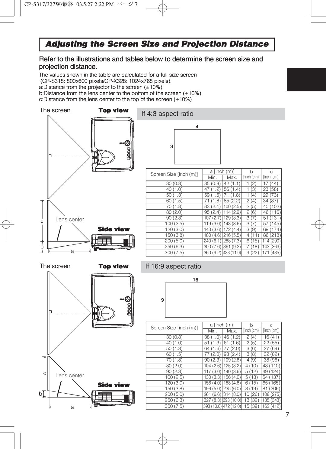 Hitachi cp-s318 user manual Adjusting the Screen Size and Projection Distance, If 43 aspect ratio, If 169 aspect ratio 
