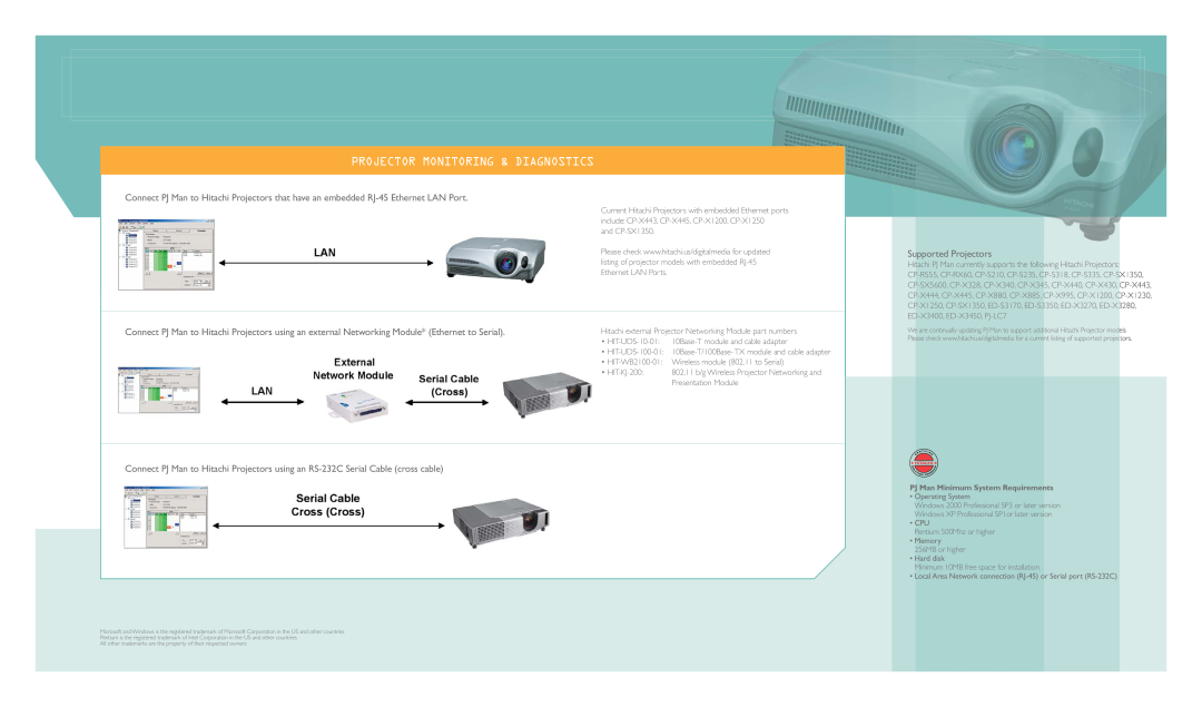 Hitachi CP-X345, CP-S335, CP-RX60, ED-S3350, CPX4, ED-X3280, PJ-LC7, ED-X3450, CP-RS55 manual Projector Monitoring & Diagnostics 
