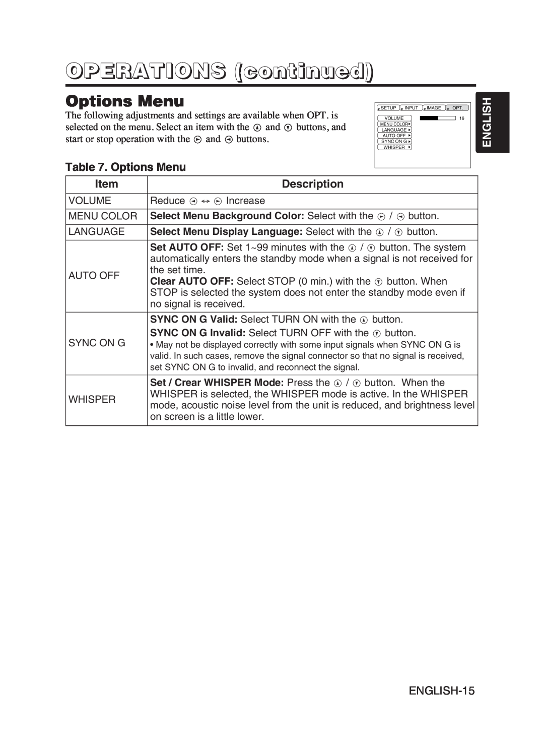 Hitachi CP-S370W user manual Options Menu, OPERATIONS continued, Description, English 