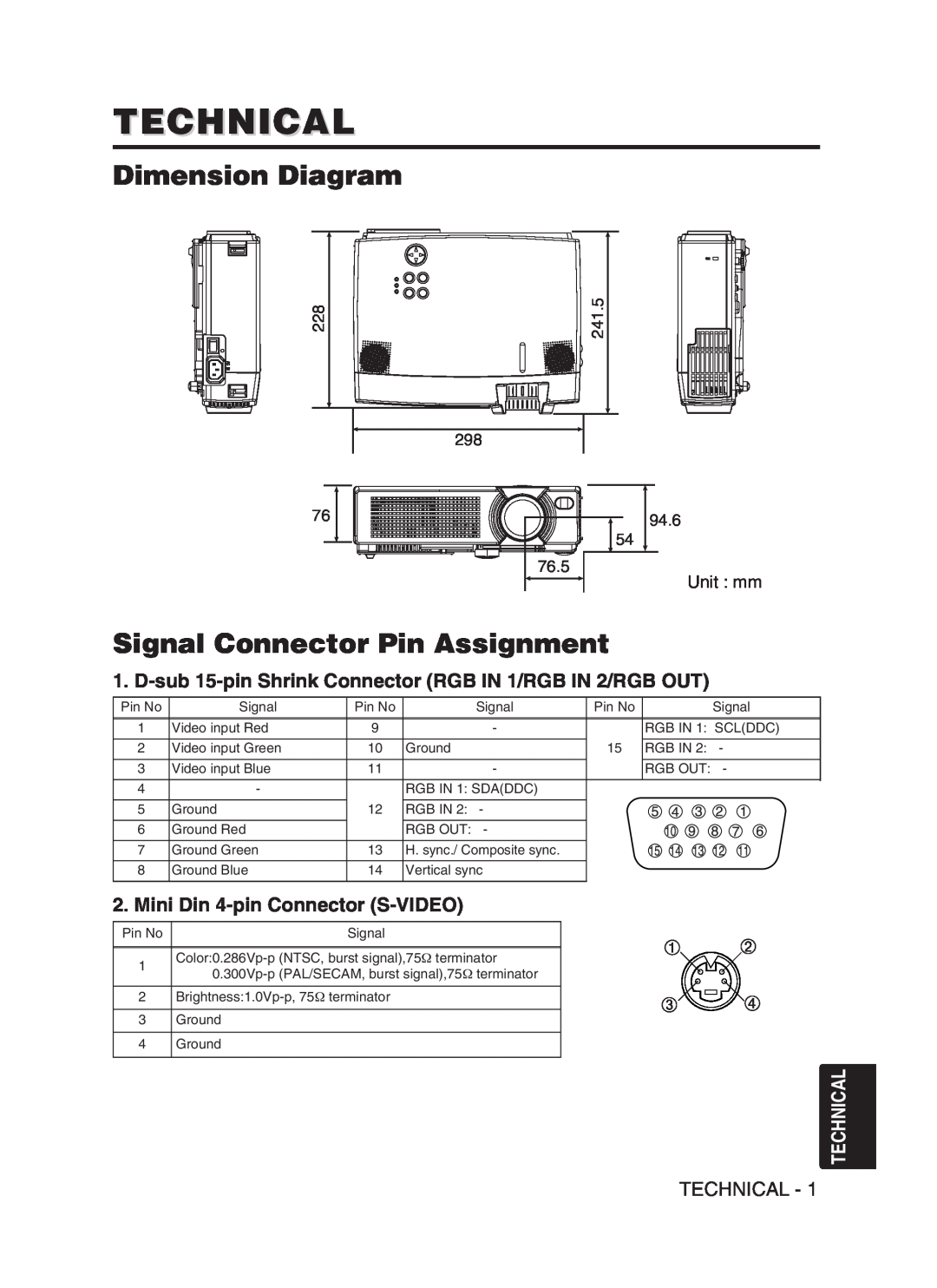 Hitachi CP-S370W Technical, Dimension Diagram, Signal Connector Pin Assignment, Mini Din 4-pin Connector S-VIDEO, 1514 