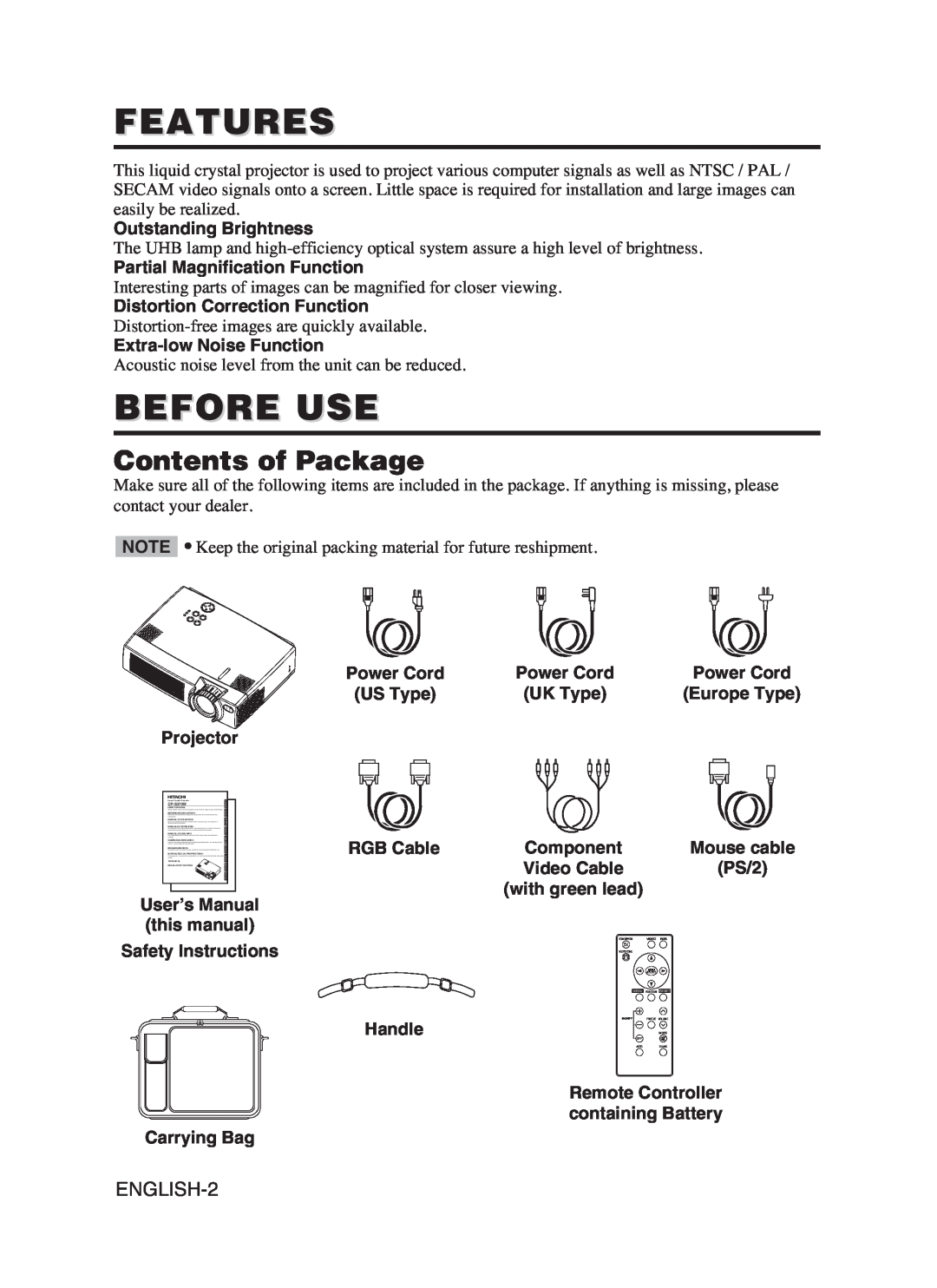 Hitachi CP-S370W user manual Features, Before Use, Contents of Package 