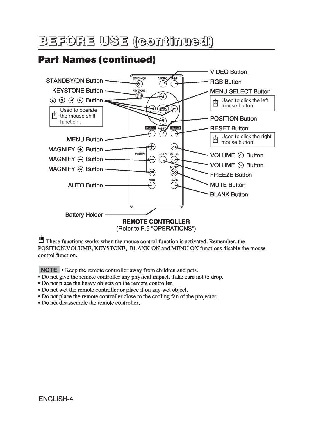 Hitachi CP-S370W user manual Part Names continued, BEFORE USE continued, ENGLISH-4 