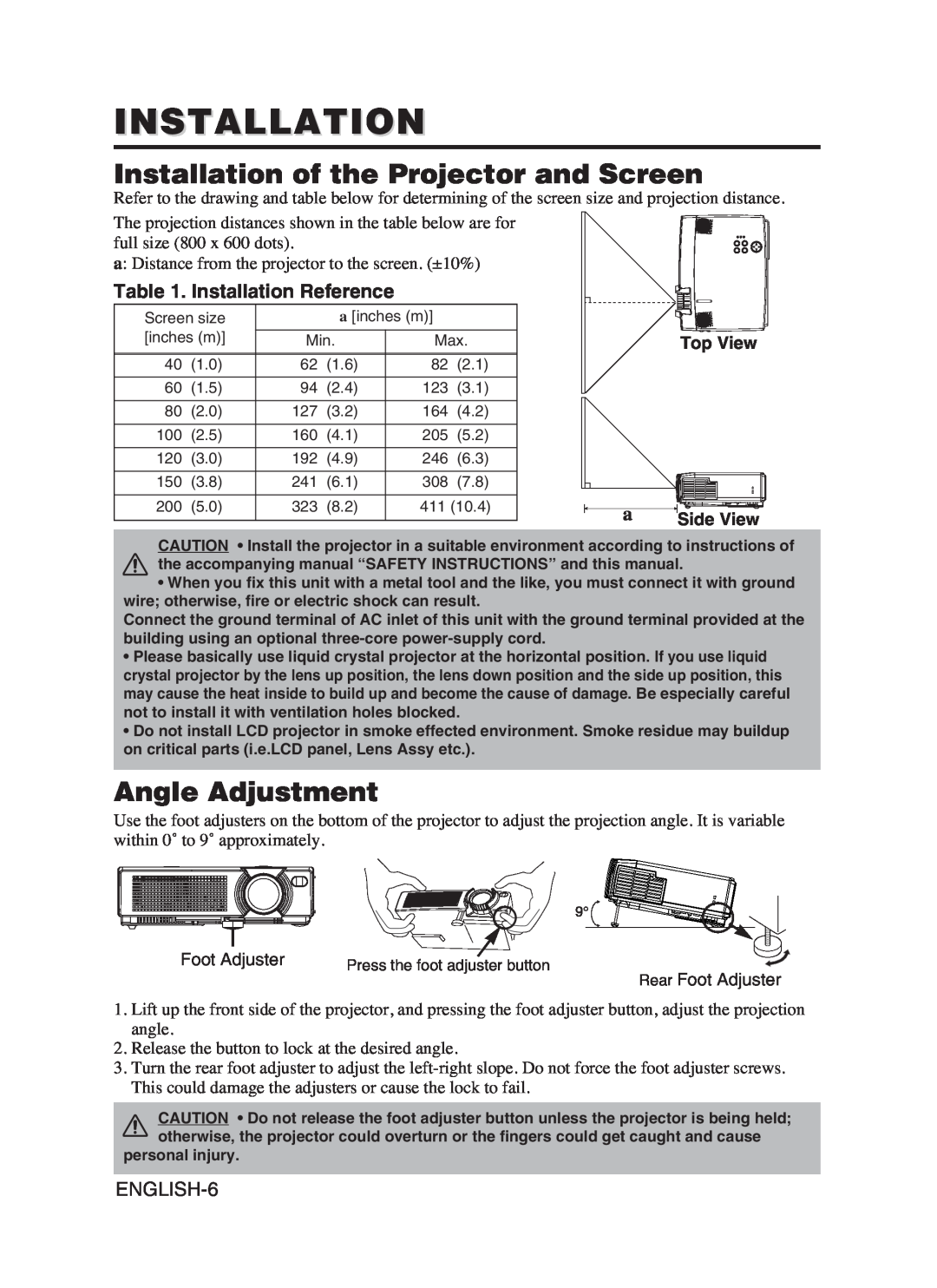 Hitachi CP-S370W user manual Installation of the Projector and Screen, Angle Adjustment, Installation Reference 
