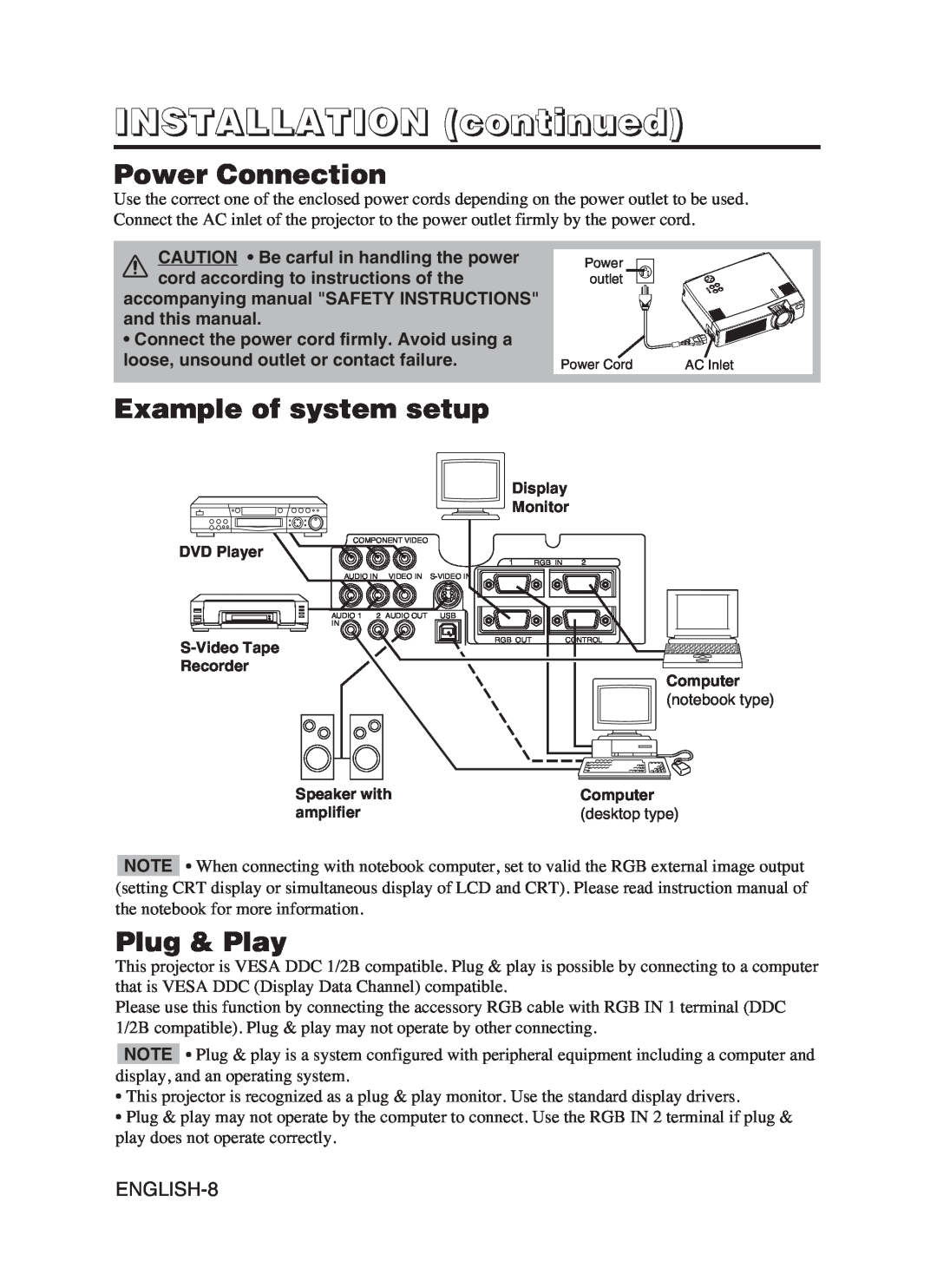 Hitachi CP-S370W user manual Power Connection, Example of system setup, Plug & Play, INSTALLATION continued, ENGLISH-8 
