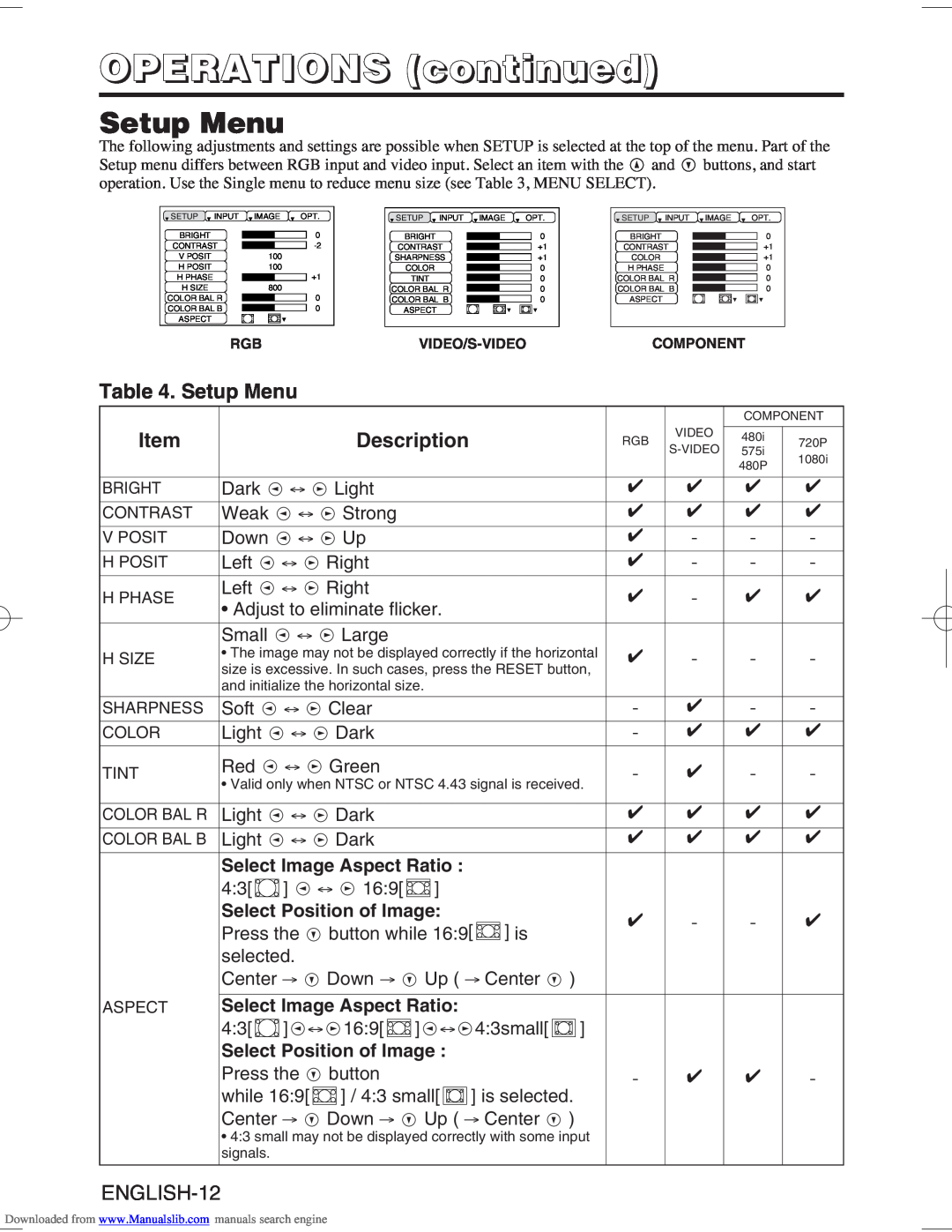 Hitachi CP-S370W Setup Menu, OPERATIONS continued, Description, Select Image Aspect Ratio, Select Position of Image 