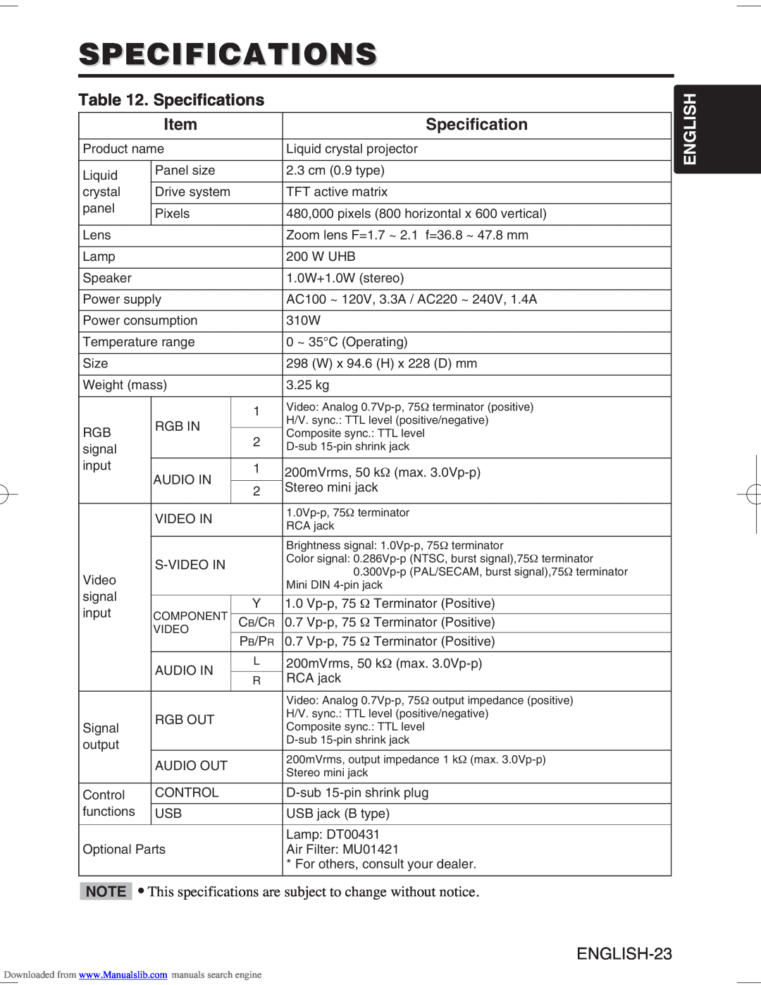 Hitachi CP-S370W user manual Specifications, English 