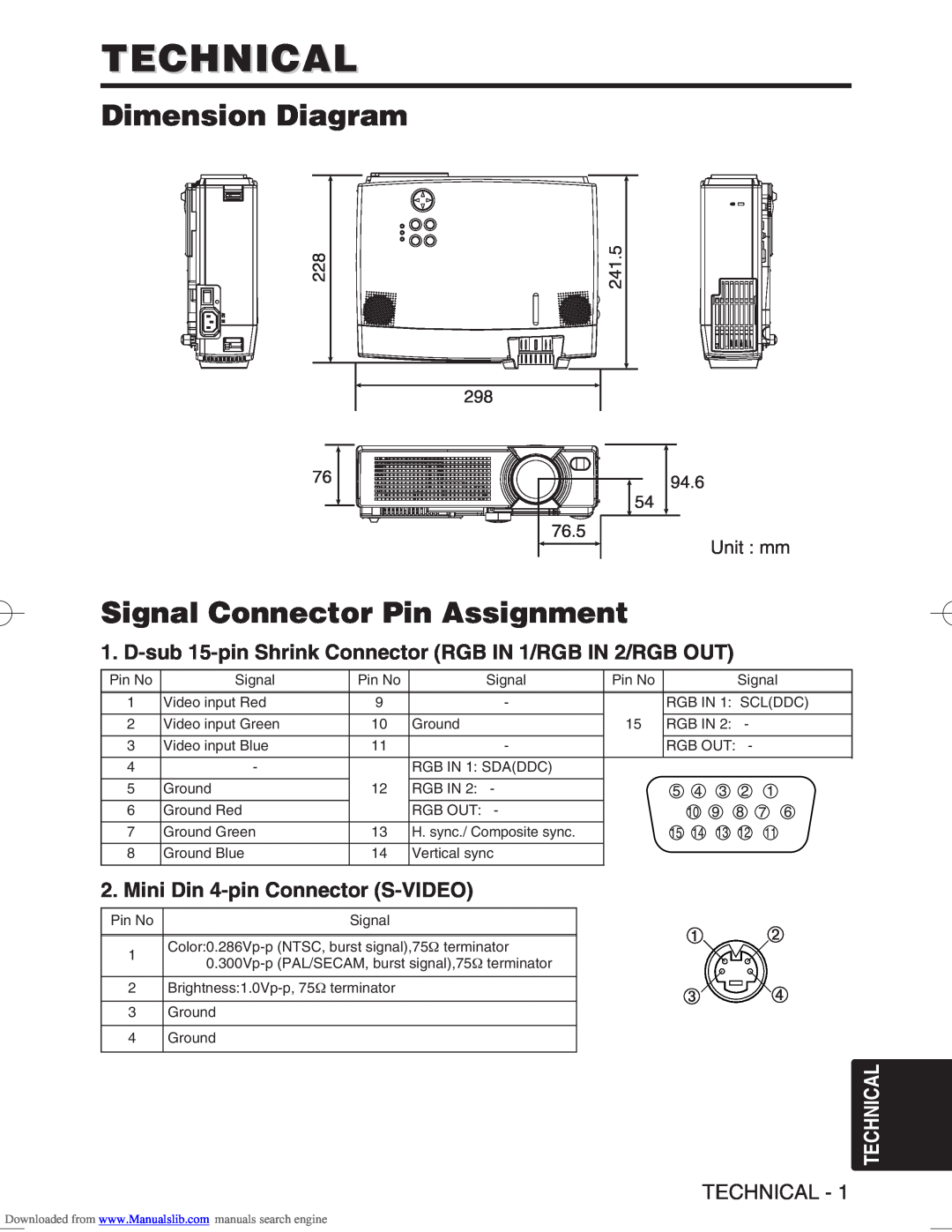 Hitachi CP-S370W Technical, Dimension Diagram, Signal Connector Pin Assignment, 1514, Mini Din 4-pin Connector S-VIDEO 