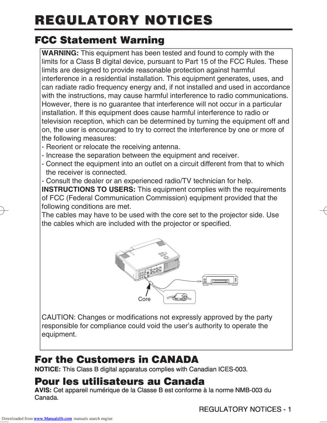 Hitachi CP-S370W Regulatory Notices, FCC Statement Warning, For the Customers in CANADA, Pour les utilisateurs au Canada 