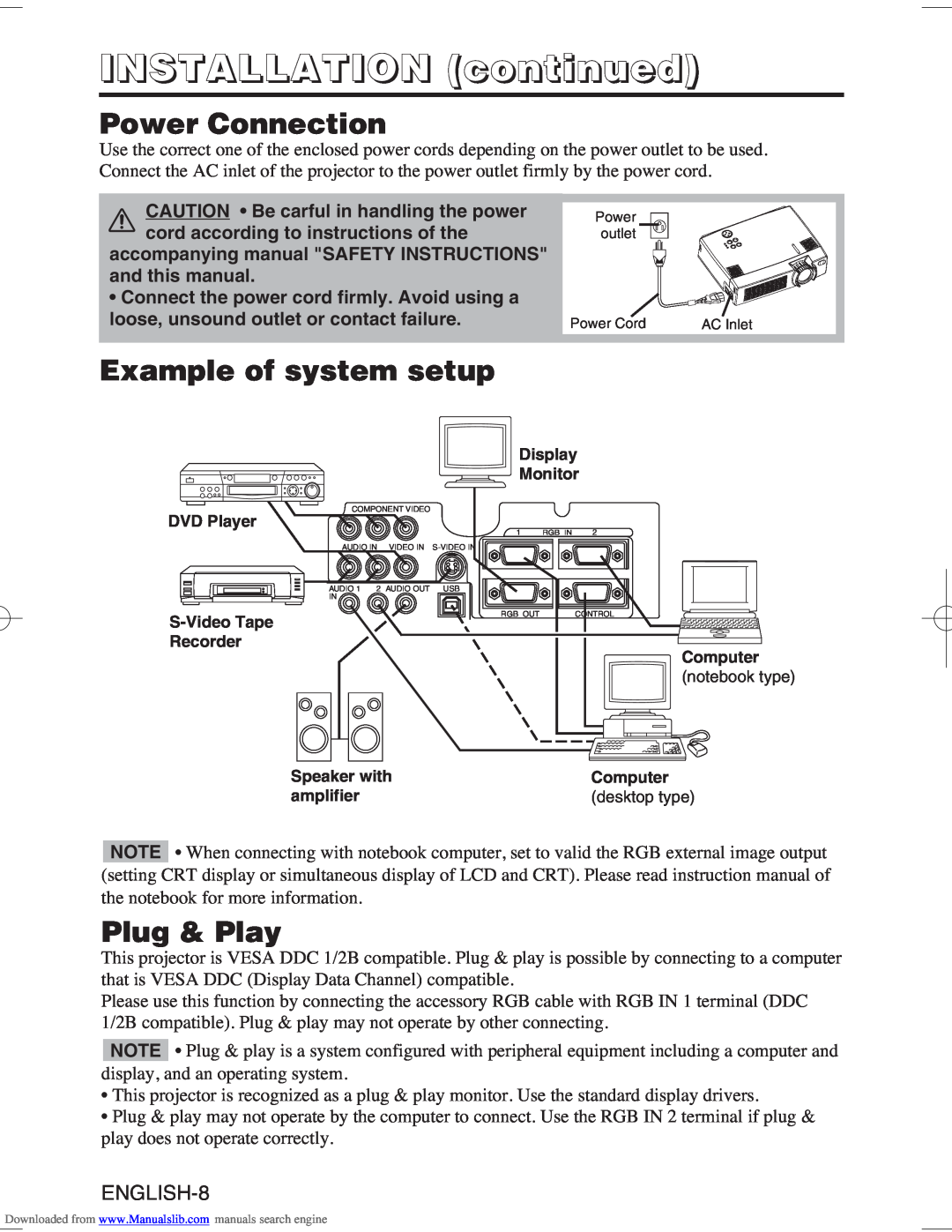 Hitachi CP-S370W user manual Power Connection, Example of system setup, Plug & Play, INSTALLATION continued 
