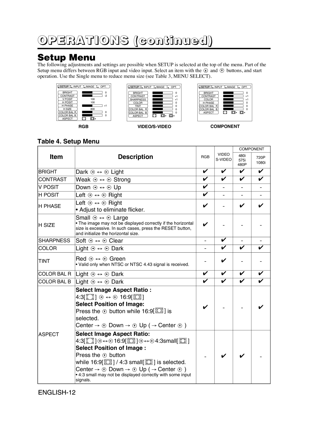 Hitachi CP-S370W user manual Setup Menu, Select Image Aspect Ratio, Select Position of Image 