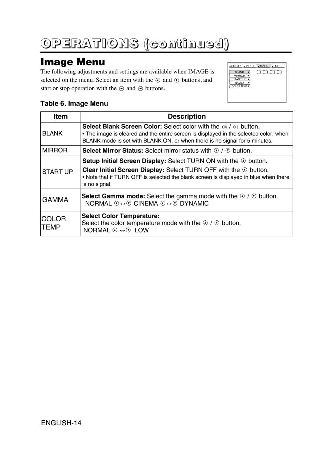 Hitachi CP-S370W Image Menu Description, Setup Initial Screen Display Select Turn on with, Select Color Temperature 