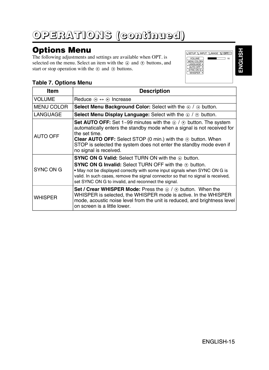 Hitachi CP-S370W Options Menu Description, Select Menu Background Color Select with, Set / Crear Whisper Mode Press 