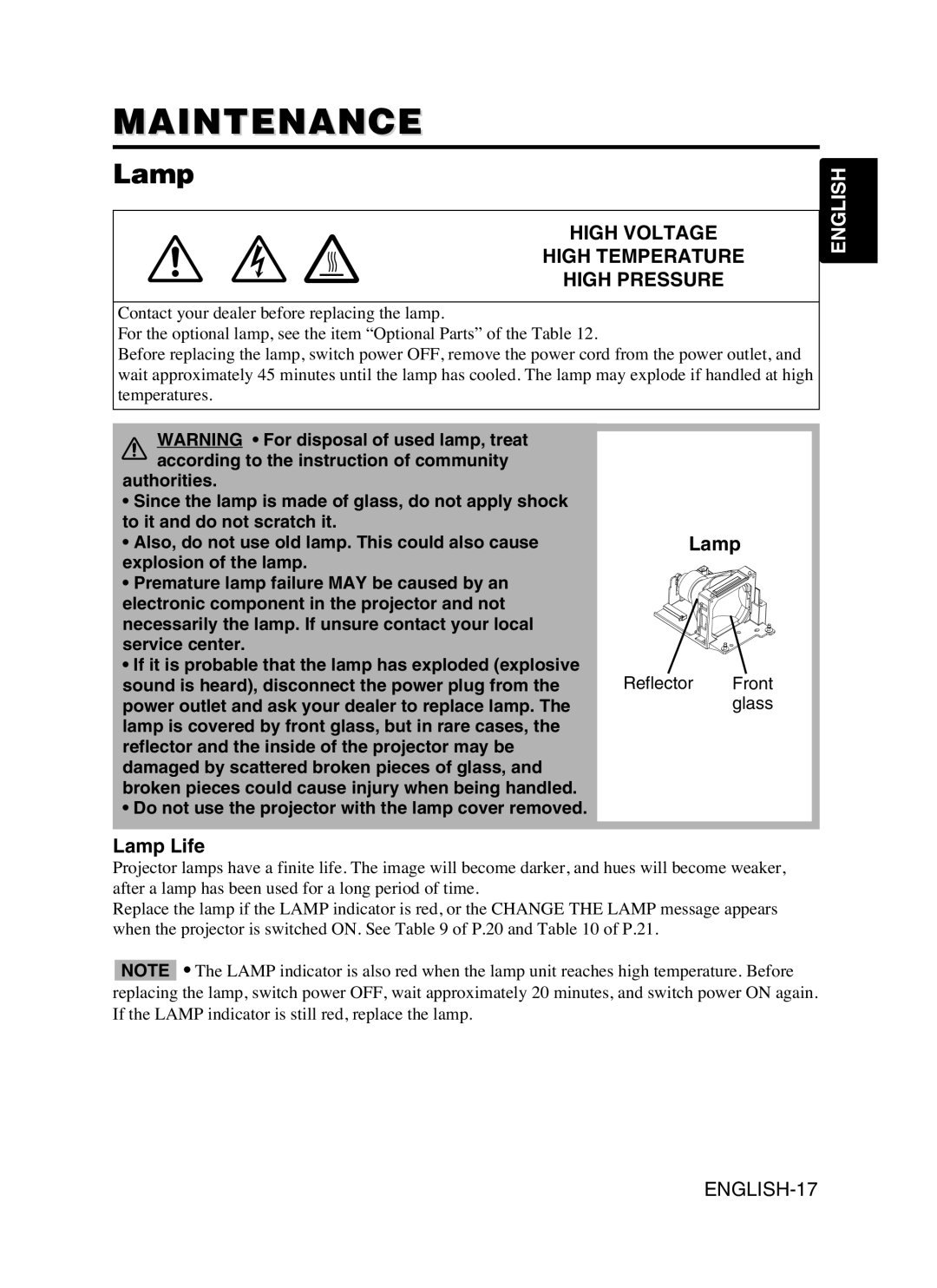 Hitachi CP-S370W user manual Maintenance, Lamp Life, Reflector Front 