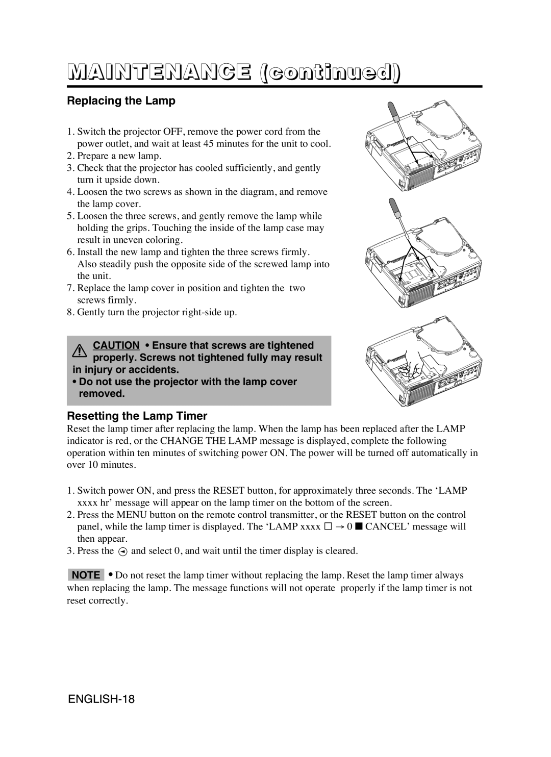 Hitachi CP-S370W user manual Maintenance, Replacing the Lamp, Resetting the Lamp Timer 