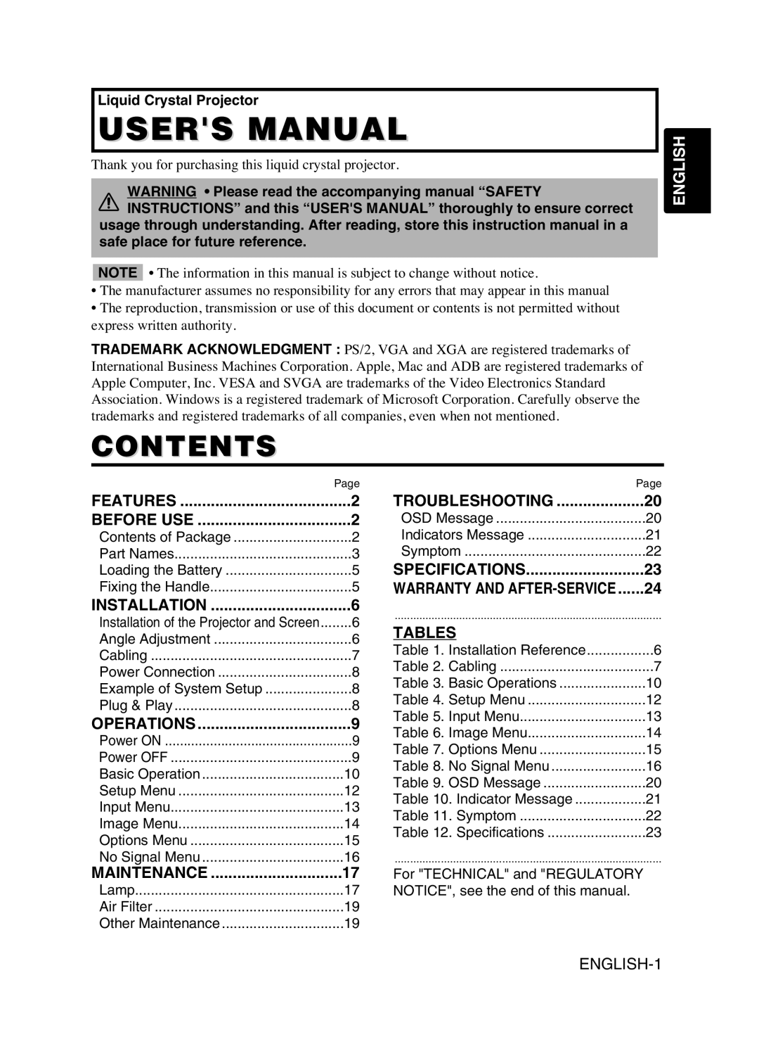 Hitachi CP-S370W user manual Contents 