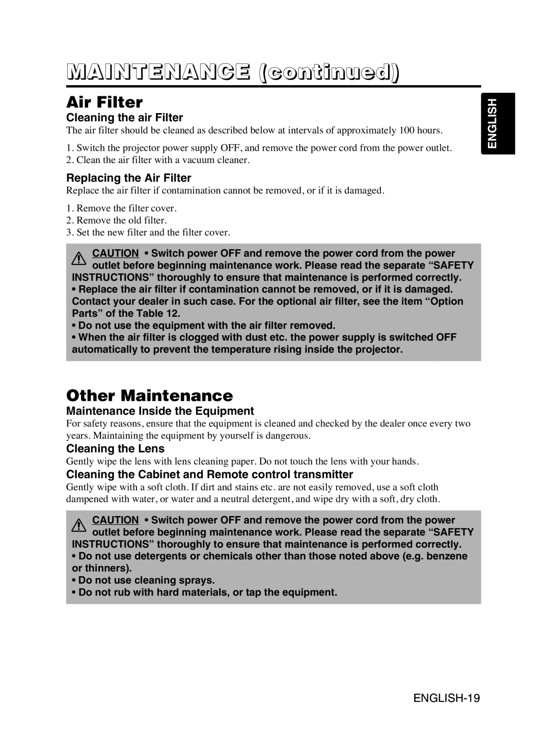 Hitachi CP-S370W user manual Air Filter, Other Maintenance 