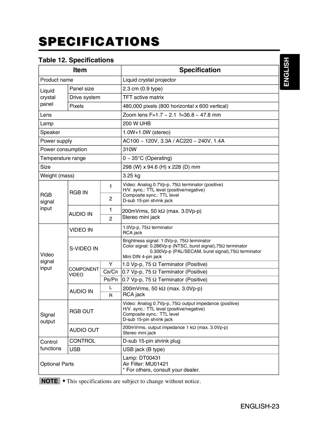 Hitachi CP-S370W user manual Specifications 