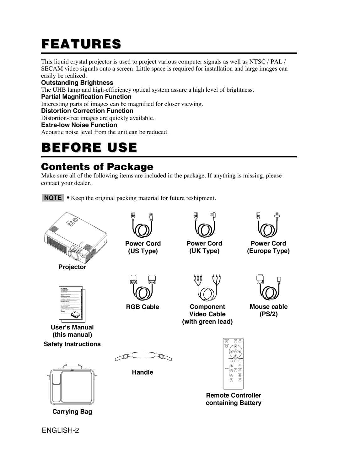 Hitachi CP-S370W user manual Features, Before USE, Contents of Package 