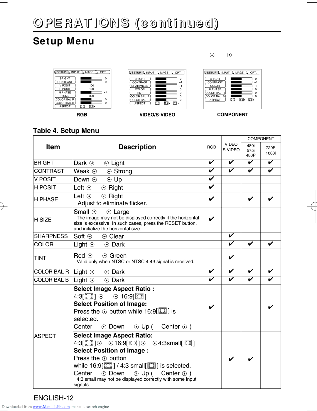 Hitachi CP-S370W user manual Setup Menu, Select Image Aspect Ratio, Select Position of Image 