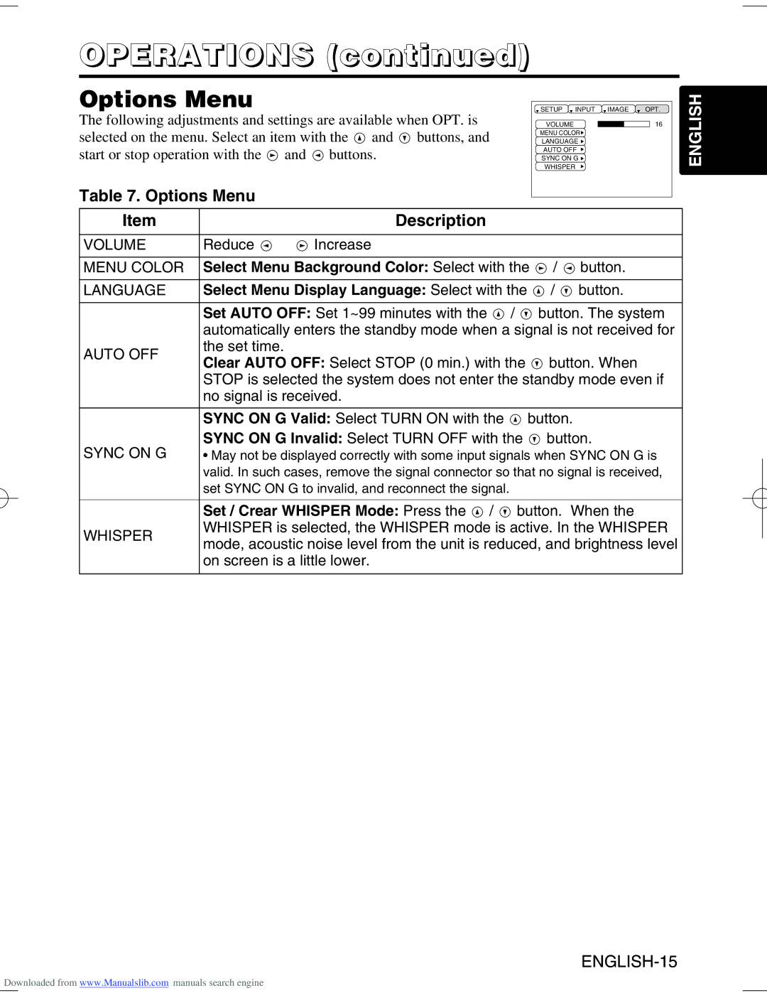 Hitachi CP-S370W Options Menu Description, Select Menu Background Color Select with, Set / Crear Whisper Mode Press 