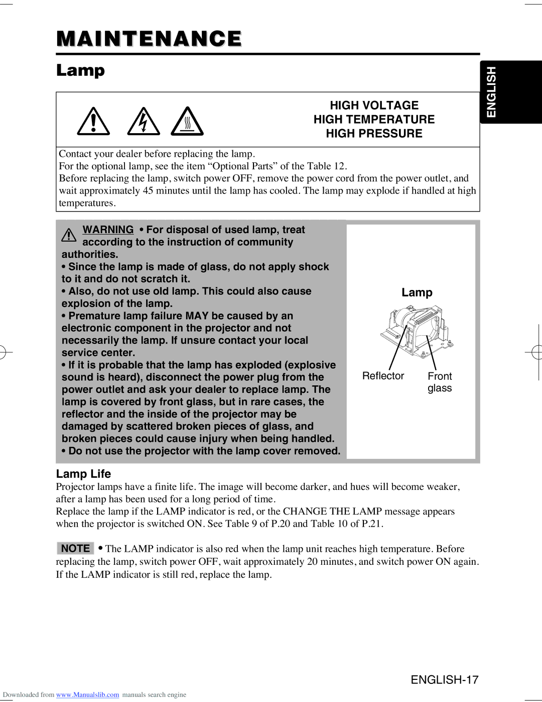 Hitachi CP-S370W user manual Maintenance, Lamp Life, Reflector Front glass 