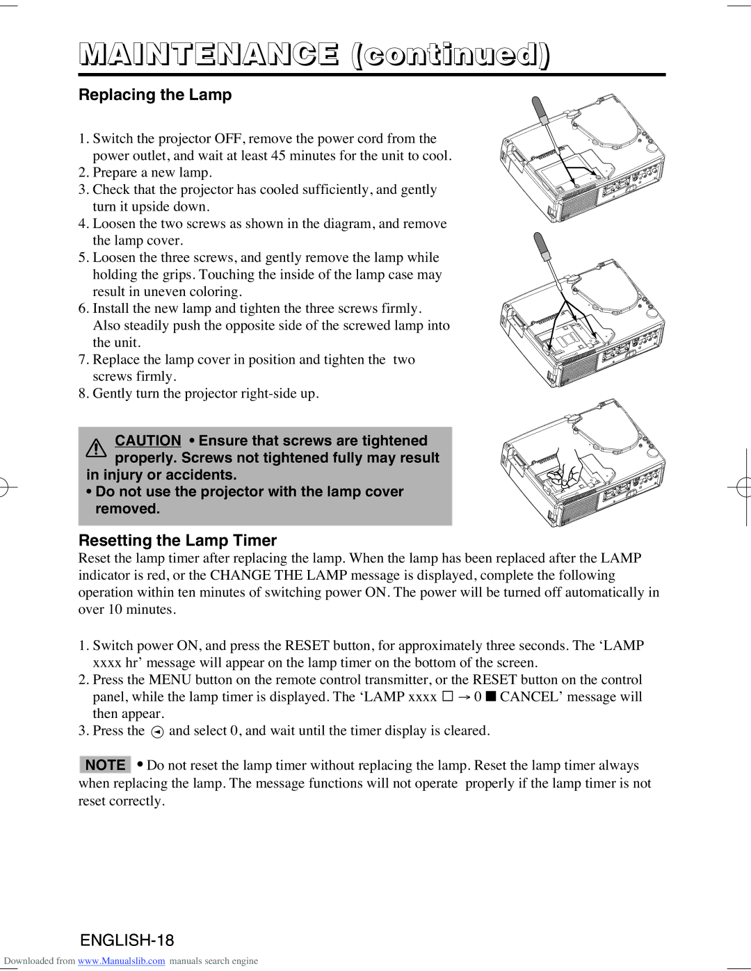 Hitachi CP-S370W user manual Maintenance, Replacing the Lamp, Resetting the Lamp Timer 